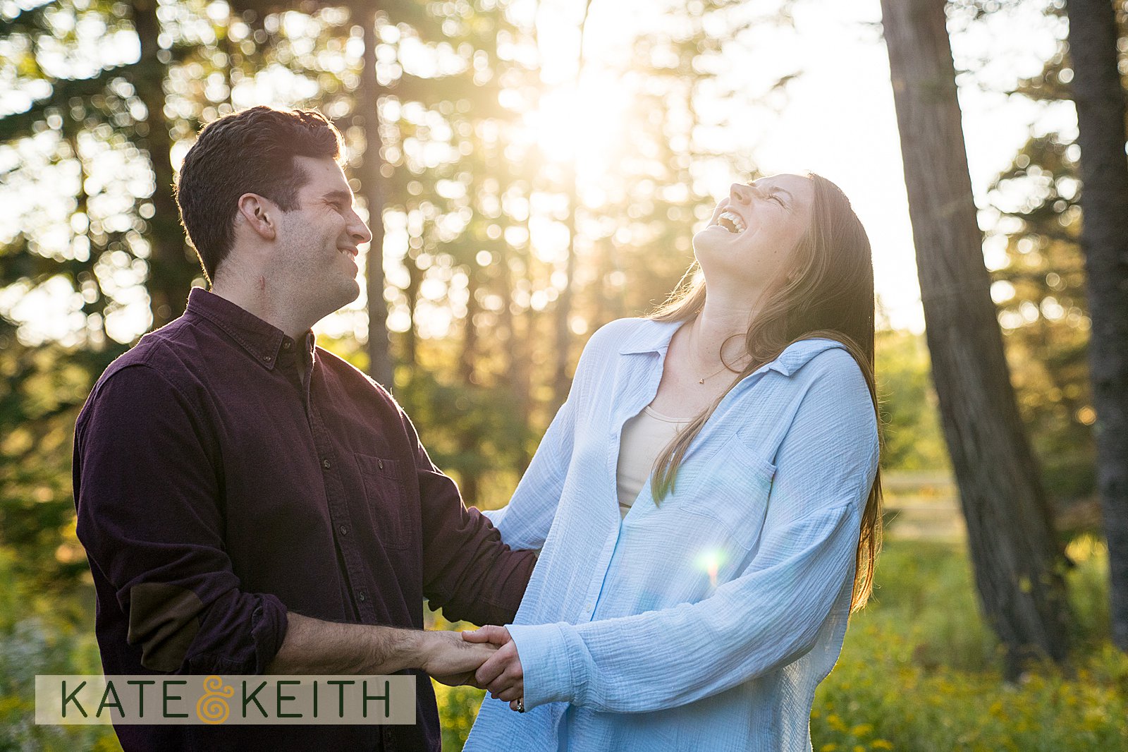couple enjoying golden hour in Acadia National Park during engagement session