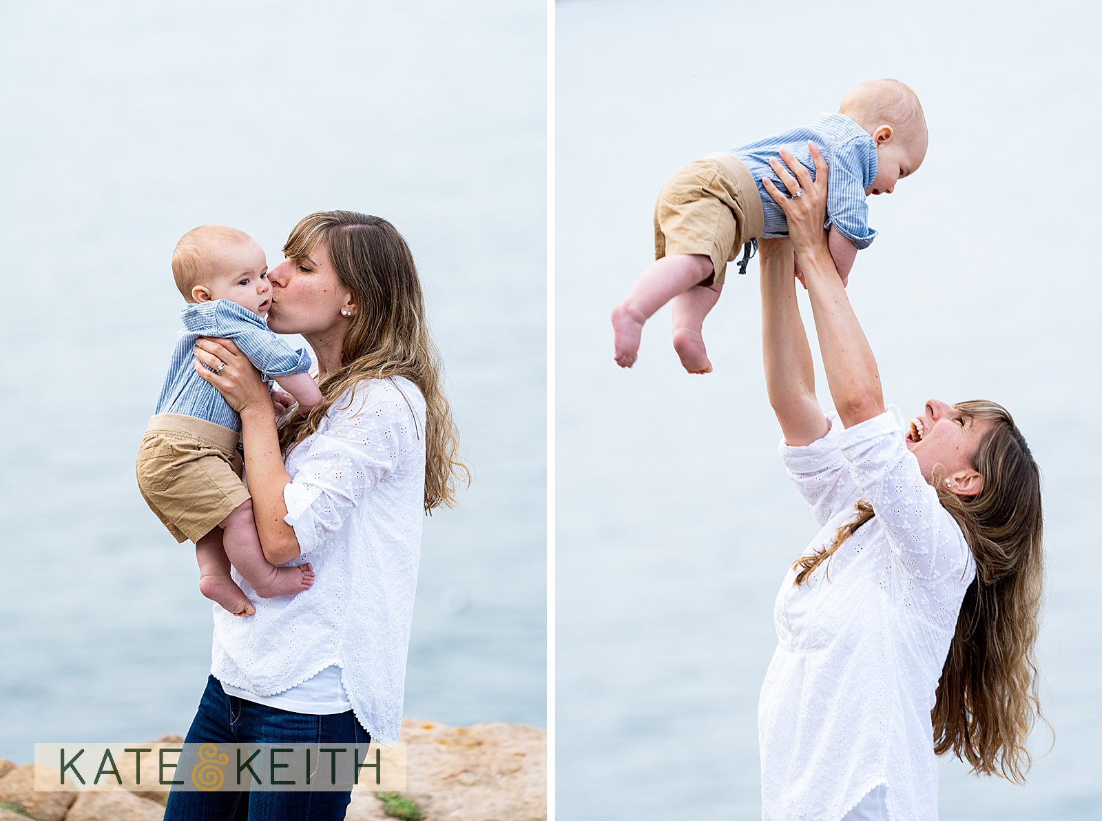 Mom and baby playing together on the Acadia coastline