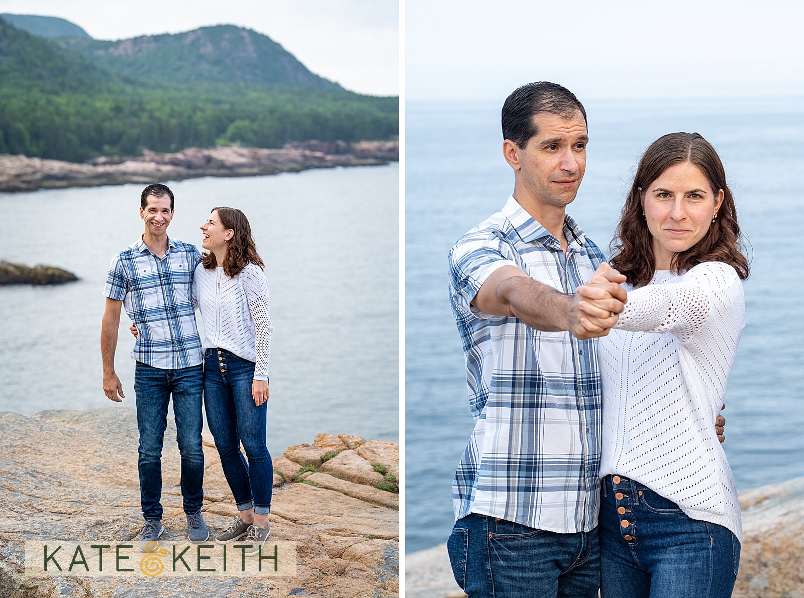 husband and wife posing and being silly with the mountains of Acadia National Park in the background