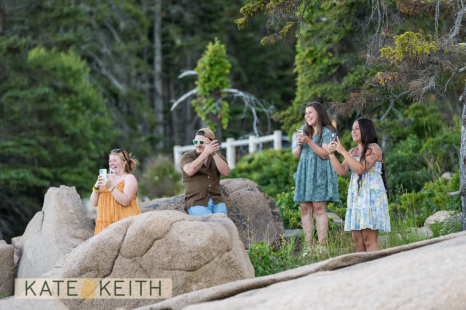 a group of people cheering for their newly engaged friends among the rocks and trees of Acadia National Park