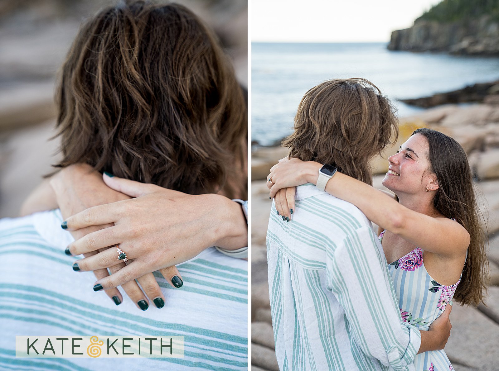 close up of two women embracing, the engagement ring in full view, with Acadia National Park in the background