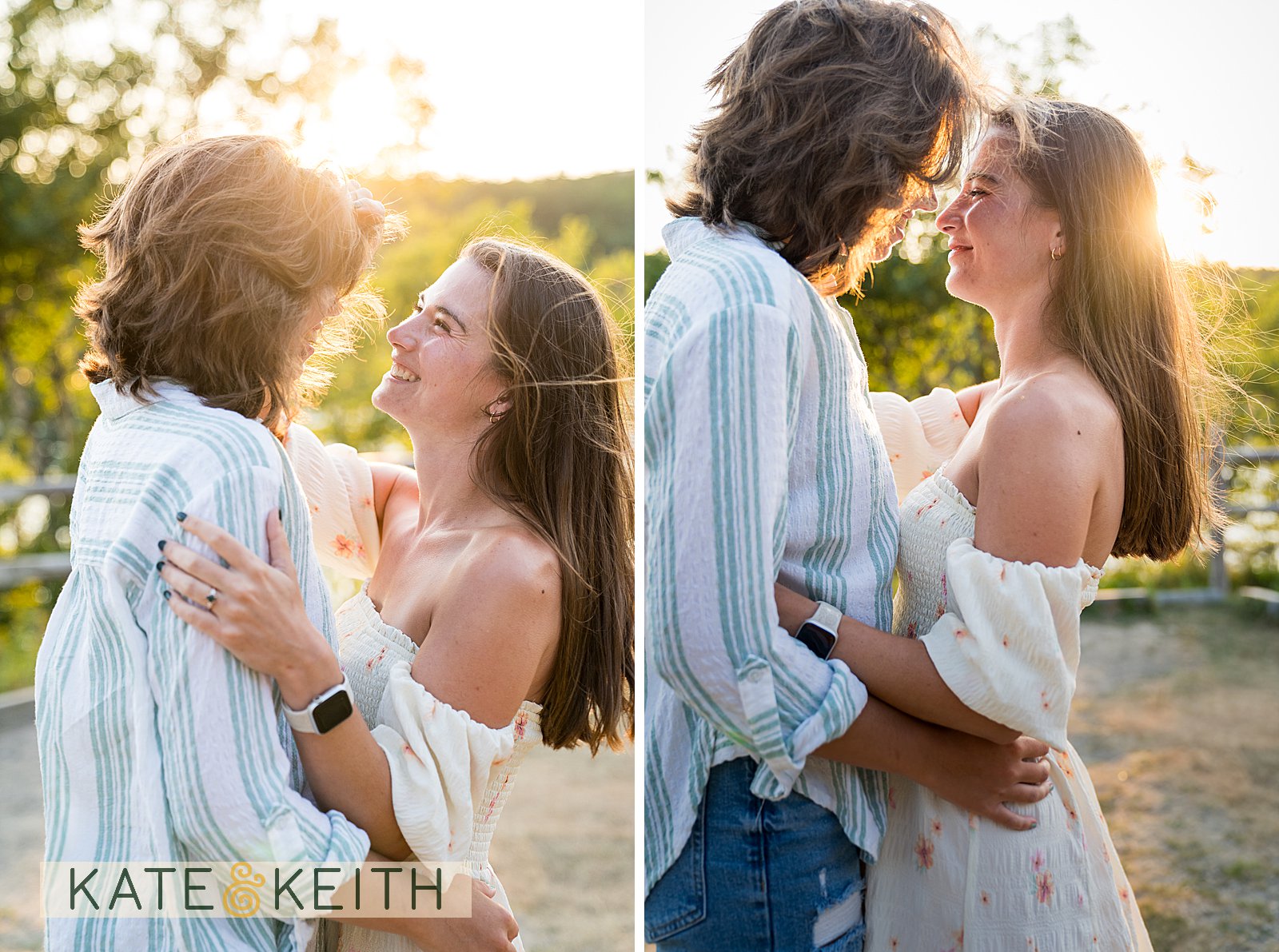 two women embracing with the setting sun bathing them in golden light