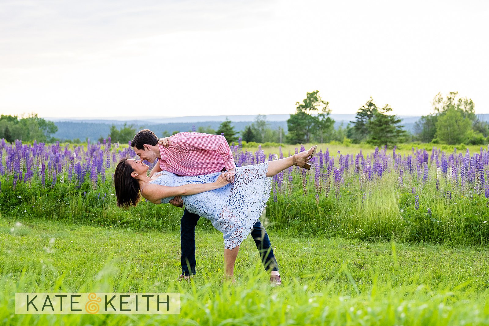 Romantic proposal moment in a wildflower field on Mount Desert Island