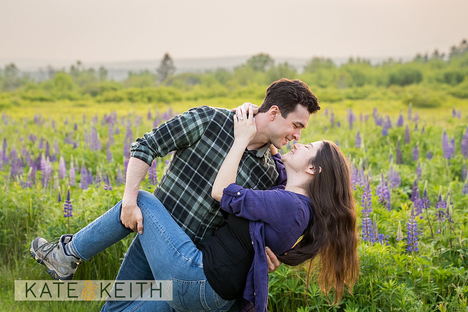Romantic proposal among purple lupines in Acadia National Park